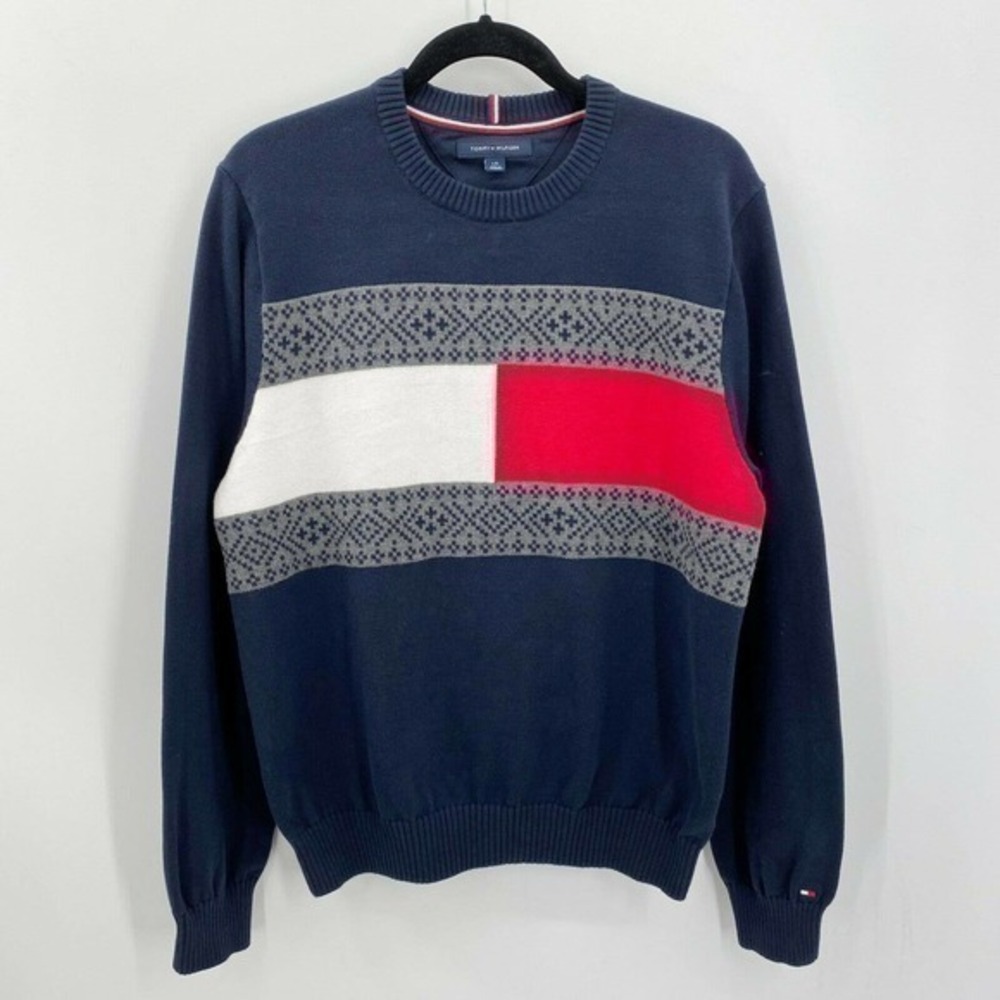 Tommy Hilfiger Men's Big Flag Logo Sweater Size L Crewneck Pullover Red Blue